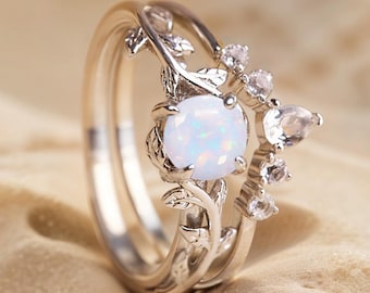 Unique Opal Engagement Ring Set White Gold — Nature-Inspired Wedding & Promise Rings  — LOTUS set