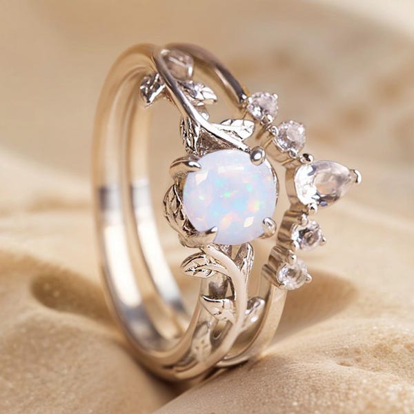 Opal Engagement Ring Set White Gold — Nature-Inspired Wedding & Promise Rings  — LOTUS set