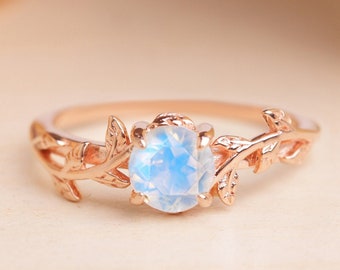 Rose Gold Moonstone Ring, Unique Moonstone Ring, Promise ring for her, Floral Ring, Moonstone Bridal Ring, Ring for her Rainbow Moonstone,