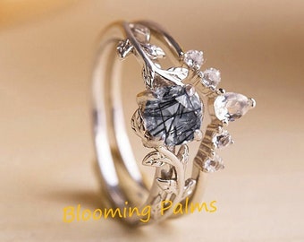 Vintage Black Rutilated Quartz engagement ring set, White gold wedding ring set, Twig promise ring, Leaf engagement ring set, Woman ring set
