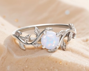 Unique Engagement Ring White Gold — Nature-Inspired Opal Promise & Wedding Ring, October Birthstone | Anniversary — LOTUS