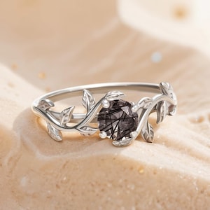 Black Rutilated Quartz Engagement Ring — Twig Leaf Promise Ring | Nature-Inspired Design — ORCHID