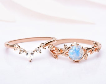 Unique wedding rings with natural Moonstone rose gold woman