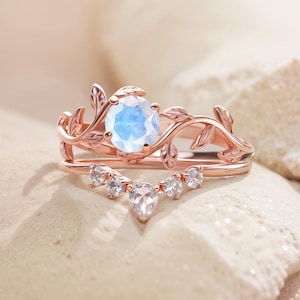 Moonstone Wedding Ring Set — Leaf Engagement Ring in Rose Gold | Bridal Jewelry — MAGNOLIA