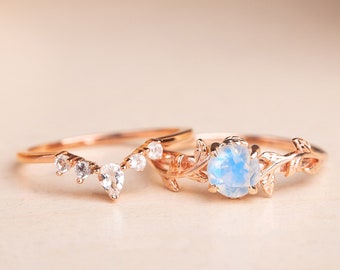 Wedding ring set for woman | Moonstone Promise Ring set | Leaf engagement ring set rose gold | Bridal ring set woman promise ring set