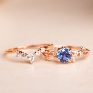 2 pcs Alexandrite wedding ring set rose gold