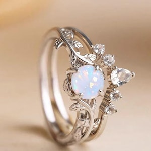 Opal engagement ring white gold, Unique Opal wedding ring set, White Opal promise ring white gold, Opal engagement ring set rose gold, ring