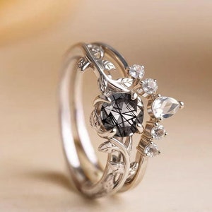 Unique Twig engagement ring woman, Dainty Branch engagement ring, Twig Leaf wedding ring woman, Black Quartz Rose Gold engagement ring woman
