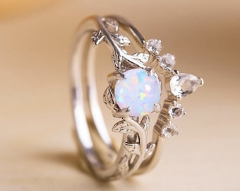 Opal engagement ring white gold, Unique Opal wedding ring set, White Opal promise ring white gold, Opal engagement ring set rose gold, ring