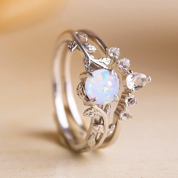 Opal engagement ring white gold, Unique Opal wedding ring set, White Opal promise ring white gold, Opal engagement ring set rose gold, ring