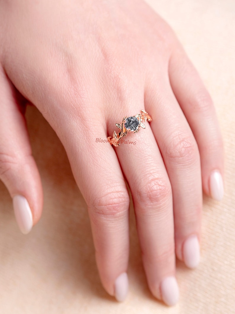 Twig Leaf wedding ring woman, Branch promise ring, Black Rutilated Quartz engagement ring, Dainty Twig engagement ring, Black gemstone ring imagem 8