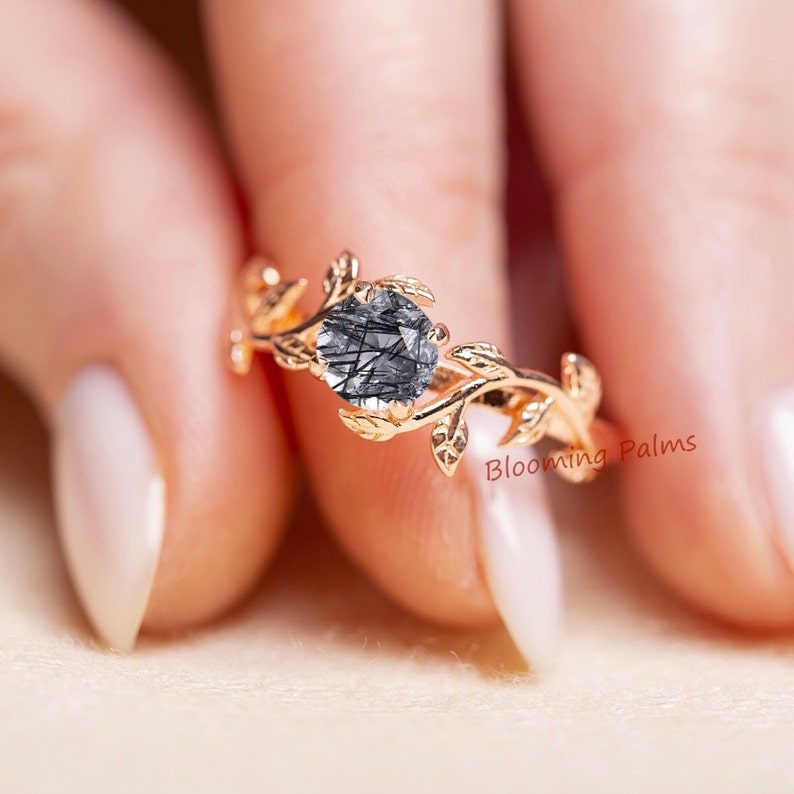 Twig Leaf wedding ring woman, Branch promise ring, Black Rutilated Quartz engagement ring, Dainty Twig engagement ring, Black gemstone ring imagem 6