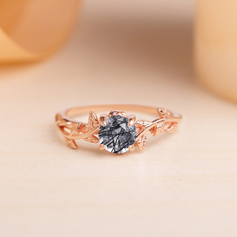 Twig Leaf wedding ring woman, Branch promise ring, Black Rutilated Quartz engagement ring, Dainty Twig engagement ring, Black gemstone ring imagem 3