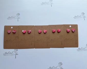 Pink Heart Stud Earrings - Striped Polymer Clay, Handmade