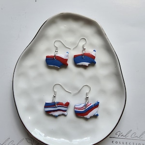 United States of America Map with red white and blue dangle earrings handmade with clay - Perfect for 4th of July and everyday Patriotism!