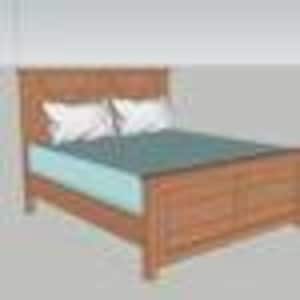 May include: A wooden bed frame with a headboard and footboard. The bed has a teal mattress and two white pillows. The frame is made of light brown wood.