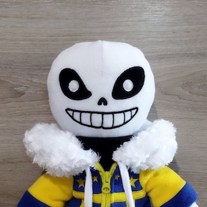 Epic image of sans the skeleton in a yellow and blue jacket