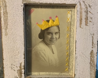 Embroidery Vintage Photo of Young Woman with Crown, York, PA - Shabby Chic Frame