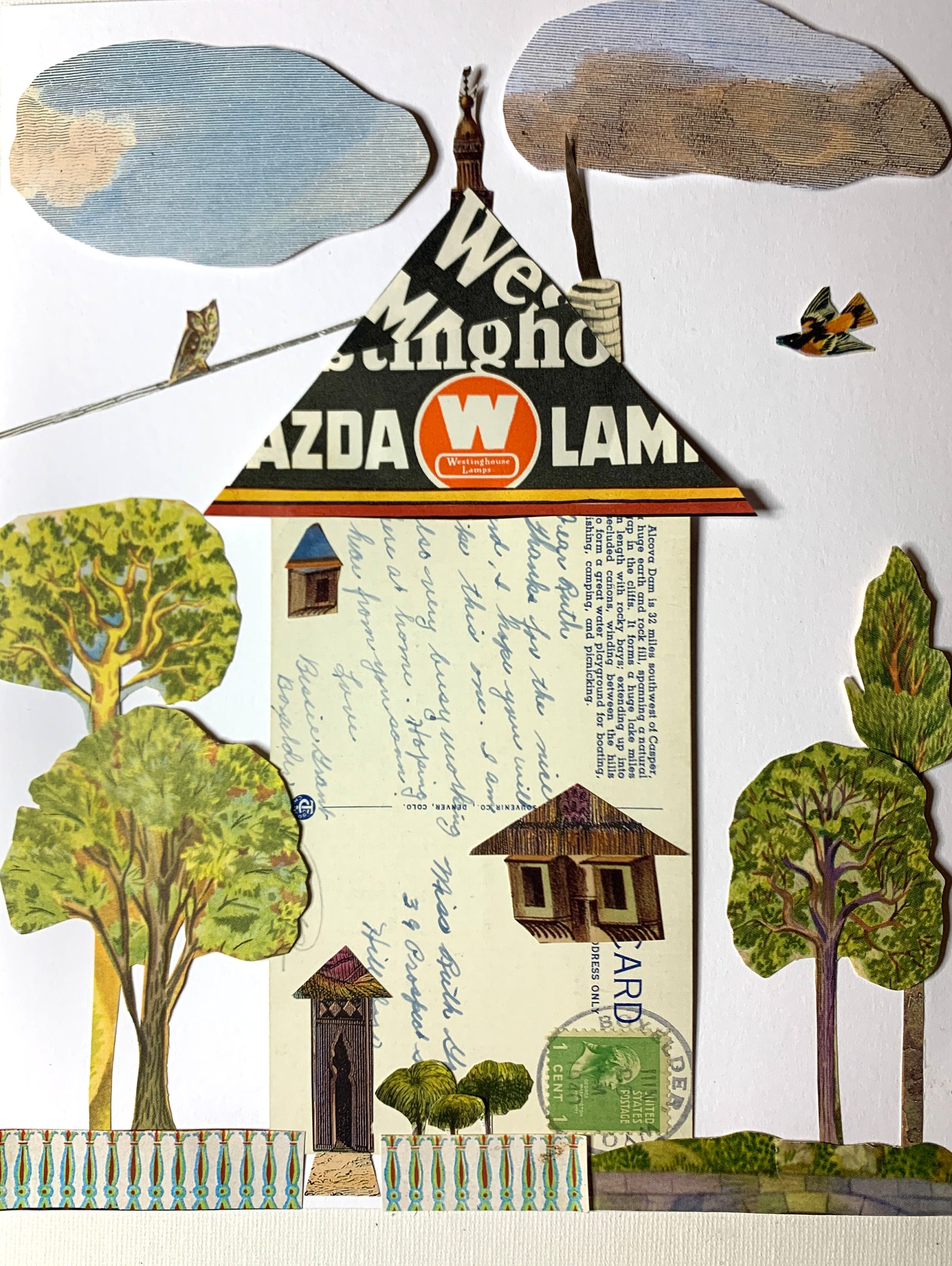 Paper Collage House, Vintage Ephemera, Postcard, Handmade, Housewarming ...