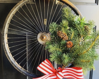 Vintage Bicycle Wheel Christmas Wreath with Greenery and Red and White Bow
