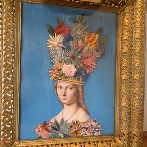 Flower Queen in Vintage Metal Frame, Paper Collage Flowers, Crown of Flowers