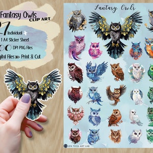 Fantasy Eulen ClipArt, Clipart Bundle, Sticker Blatt Vorlage, druckbare Bundle Datei, PNG Datei, digitale Aufkleber, mystisches Dekor, magische Kunst
