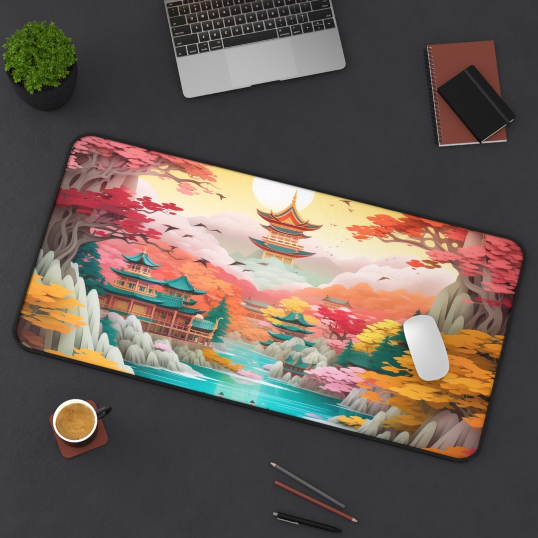 Pink Asian Pagoda Deskmat, Card Playmat, Paper Quilling Art, Oriental