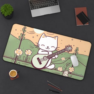 Guitar Cat Playmat, TTRPG Play Mat, Kawaii Mousepad, Cute Desk Mat, Card Game Mat, Green Theme, Cute Aesthetic, Large Tabletop Accessory