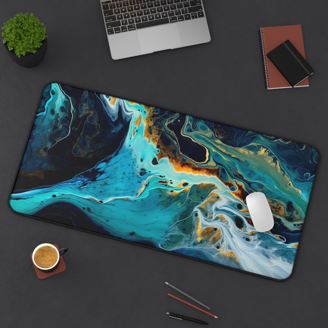 Fluid Art, Blue and Gold Marble Desk Mouse Pad, Large Desk Accessories