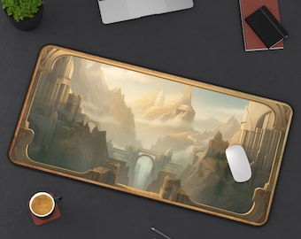 May include: A large, rectangular mouse pad with a fantasy landscape design. The pad features a golden frame with a detailed, intricate design. The landscape is a mix of brown, green, and blue hues, with a bridge and a waterfall in the center. The mouse pad is perfect for gamers and anyone who wants to add a touch of fantasy to their workspace.