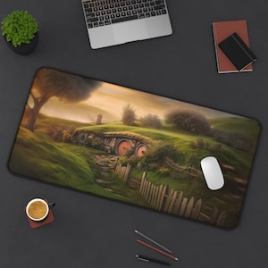 Home Under The Hill Playmat, Fantasy Landscape Mouse Pad, Gaming Mousepad, Office Gift, Card Game Mat, Large Desk Accessory, Stitched Edge