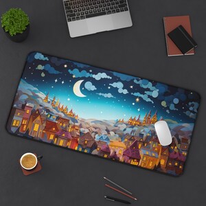 Eastern European Town Deskmat, Nighttime Landscape, Euro Mousepad, Card Playmat, Gaming Mat, Office Gift, Large Desk Accessory, Euro Décor