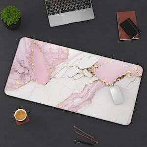 Marble Desk Mouse Pad, Large Desk Accessories with Stitched Edges, Office Decor, Waterproof Mouse Mat, Pink and Gold Desk Pad, Office Gift