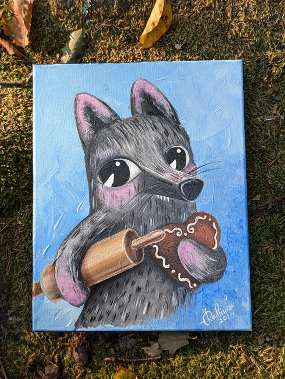 キャンバスにアクリル絵の具 オオカミの料理人 - Etsy 日本