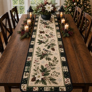 May include: A rectangular quilted table runner featuring a cream-colored center with a printed pattern of green pine branches, red berries, pinecones, white poinsettias, and small birds, bordered by a dark green and cream checkered fabric trim.