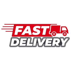 May include: Red and white graphic with the text "FAST DELIVERY" and a red delivery truck with white wheels.