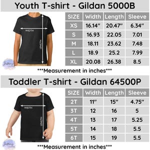 May include: A size chart for youth and toddler t-shirts from Gildan. The chart shows the width, length, and sleeve length in inches for different sizes. The youth sizes are XS, S, M, L, and XL. The toddler sizes are 2T, 3T, 4T, 5T, and 6T.