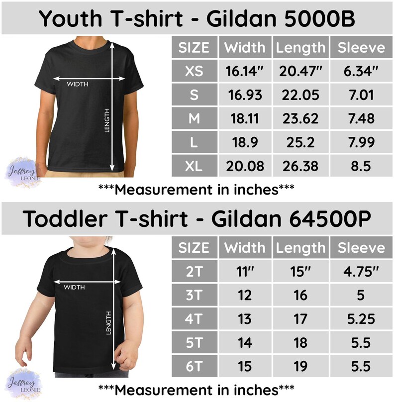 May include: A size chart for youth and toddler t-shirts from Gildan. The chart shows the width, length, and sleeve length in inches for different sizes. The youth sizes are XS, S, M, L, and XL. The toddler sizes are 2T, 3T, 4T, 5T, and 6T.