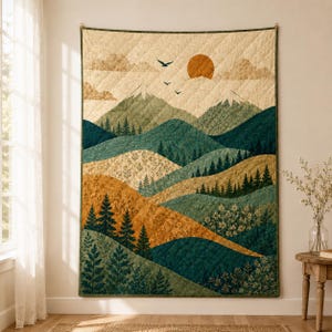 May include: A rectangular wall quilt featuring a landscape scene with layered mountains, evergreen forests, and rolling hills in shades of deep green, mustard yellow, and cream. A large orange sun and three birds are visible in the sky.