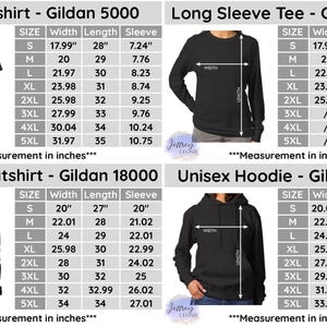May include: Size chart for Gildan brand t-shirts, long sleeve tees, sweatshirts, and hoodies. The chart shows the width, length, and sleeve length in inches for sizes S through 5XL.