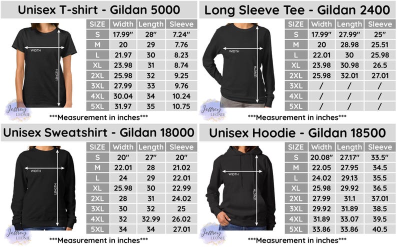 May include: Size chart for Gildan brand t-shirts, long sleeve tees, sweatshirts, and hoodies. The chart shows the width, length, and sleeve length in inches for sizes S through 5XL.