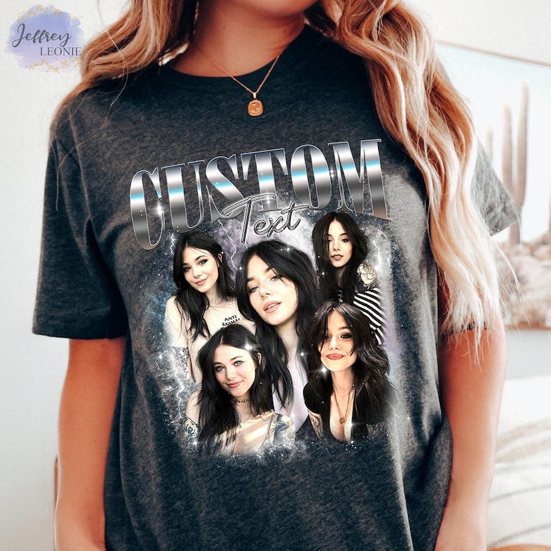 May include: A dark gray t-shirt with a silver graphic of the word "CUSTOM" with "Text" underneath. The graphic is surrounded by images of four women with dark hair.