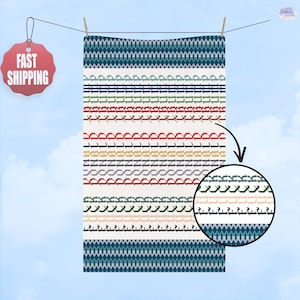 May include: A rectangular, cream-colored textile with rows of colorful embroidered patterns. The top and bottom feature a teal and white geometric design. The textile is hanging on a clothesline against a blue sky. A red tag with the words "FAST SHIPPING" is visible.