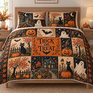 May include: A quilted bedspread and two matching pillow shams featuring a patchwork design with Halloween motifs including black cats, ghosts, pumpkins, bats, and houses. The central panel displays the text Trick or Treat in orange and black.