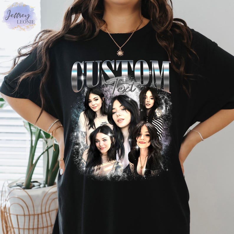 May include: Black t-shirt with a silver graphic of the word "CUSTOM" with "Text" underneath. The graphic features five women's faces in a collage style.