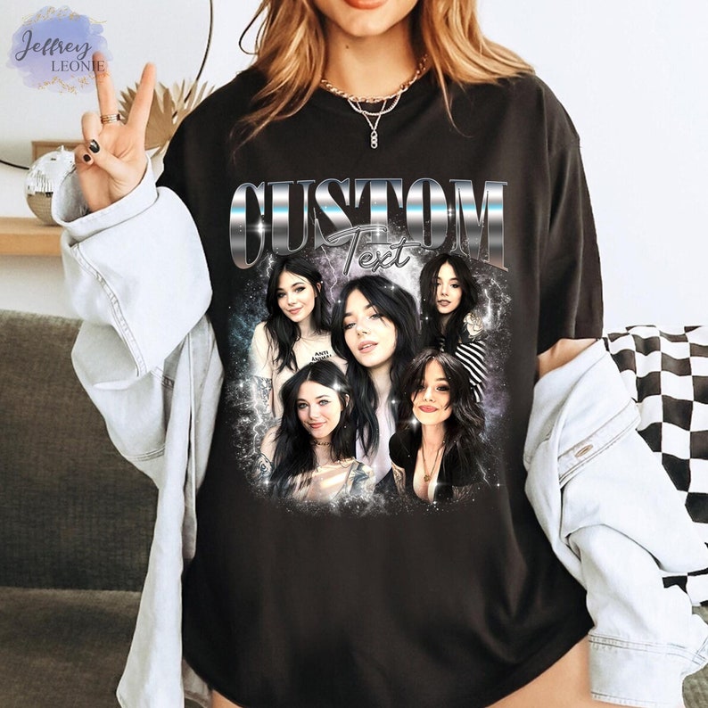 May include: Black t-shirt with a silver graphic of the word "CUSTOM" with the word "Text" underneath. The graphic is surrounded by images of five women.