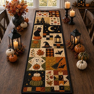 May include: A rectangular quilted table runner featuring a patchwork design with Halloween and autumn motifs including a black cat, a ghost, a witch hat, pumpkins, maple leaves, a crescent moon, a broomstick, and a haunted house on a dark background.