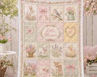 Little Blossom Baby Quilt, Woodland Animal Floral Nursery Blanket, Pink Cottagecore Baby Girl Gift