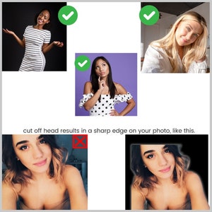 May include: Four images showing examples of good and bad cropping of photos. The top row shows three examples of good cropping, with the subject's head fully in the frame. The bottom row shows two examples of bad cropping, with the subject's head cut off at the top of the image.