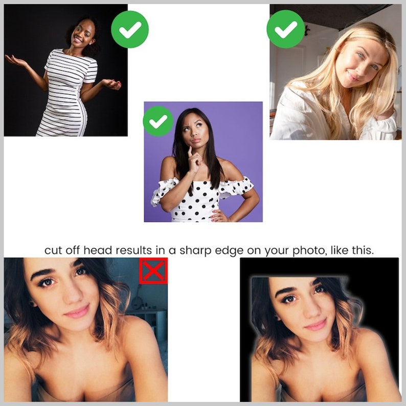 May include: Four images showing examples of good and bad cropping of photos. The top row shows three examples of good cropping, with the subject's head fully in the frame. The bottom row shows two examples of bad cropping, with the subject's head cut off at the top of the image.